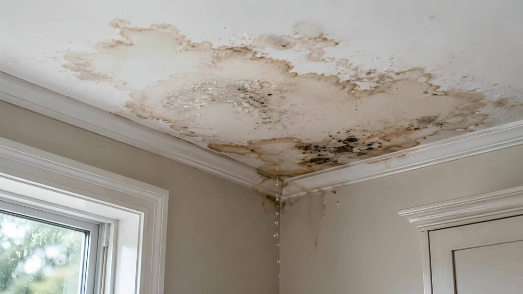 Water-damaged ceiling with mold and water droplets dripping from a corner near a window and door.