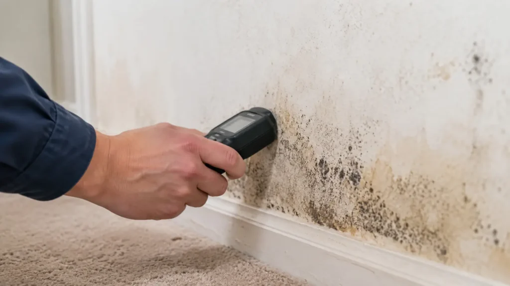 Hand holding a moisture meter against a wall with visible mold and water damage near the baseboard.