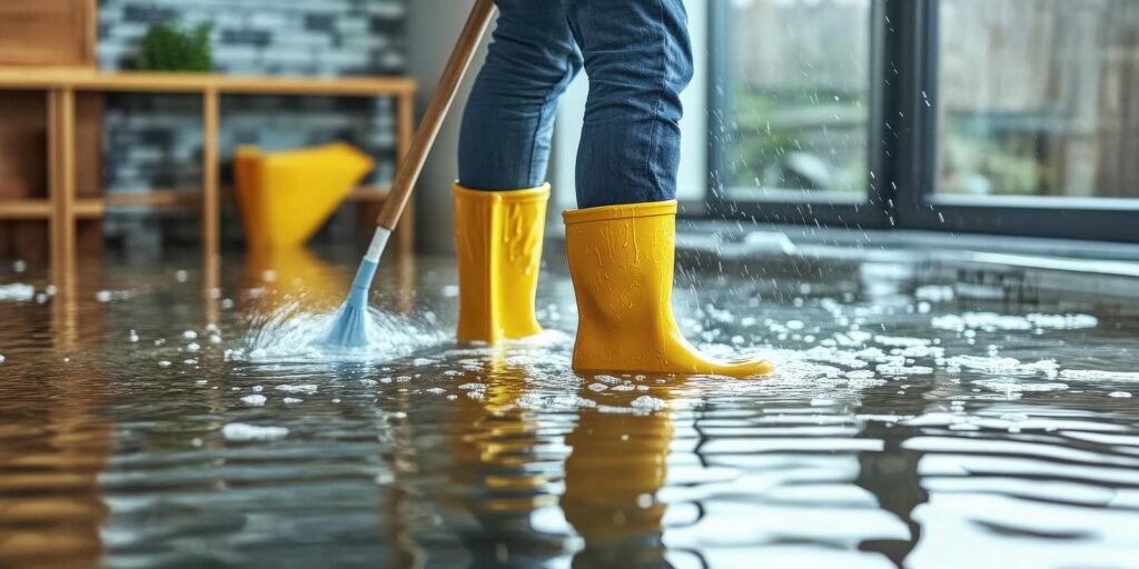 Person in yellow rain boots mopping a flooded indoor floor with water splashing.