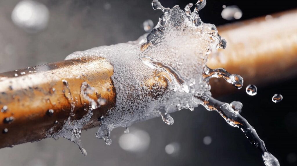 Close-up of water splashing off a rusty metal pipe.