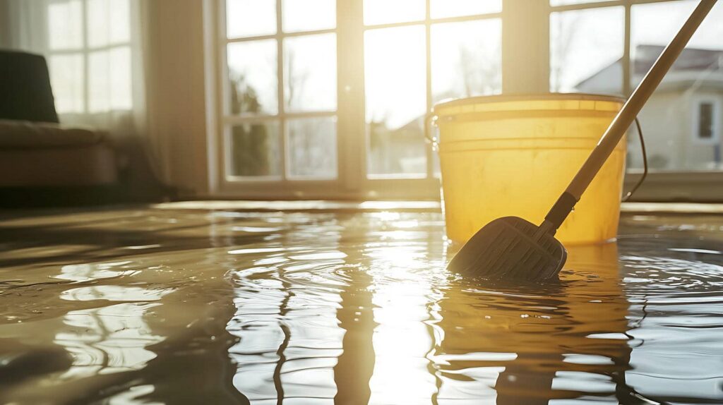 Flooded room with water covering the floor and a mop and yellow bucket in the sunlight.