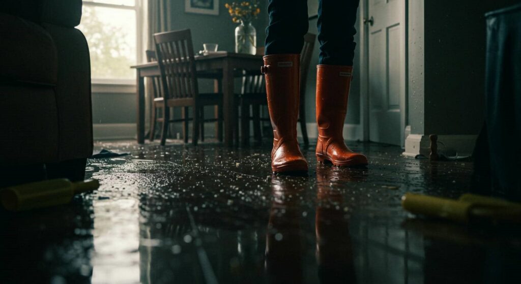 Person wearing orange rain boots standing on a wet, flooded floor inside a room with furniture.