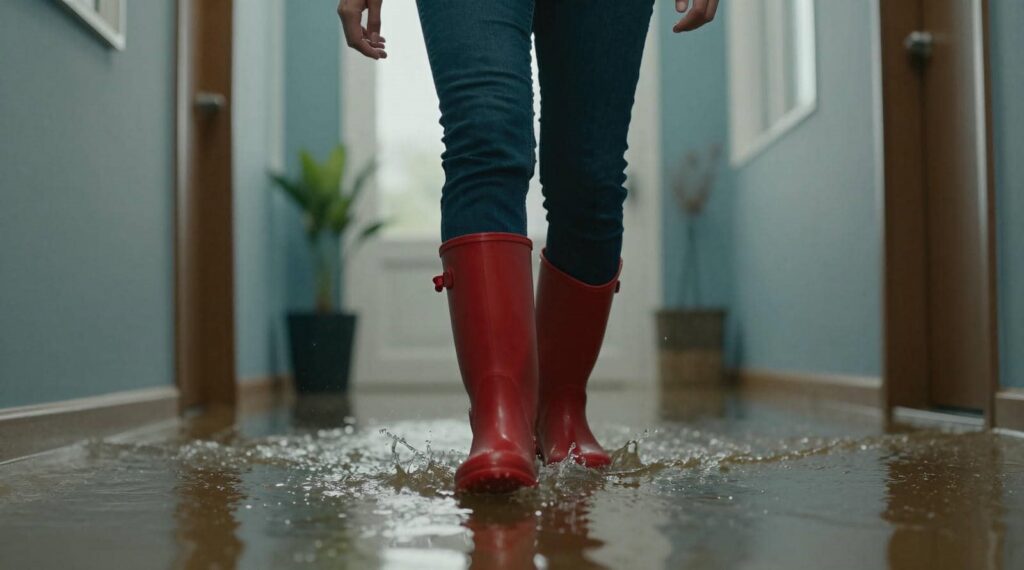 Person wearing red rain boots walking through a flooded indoor hallway.