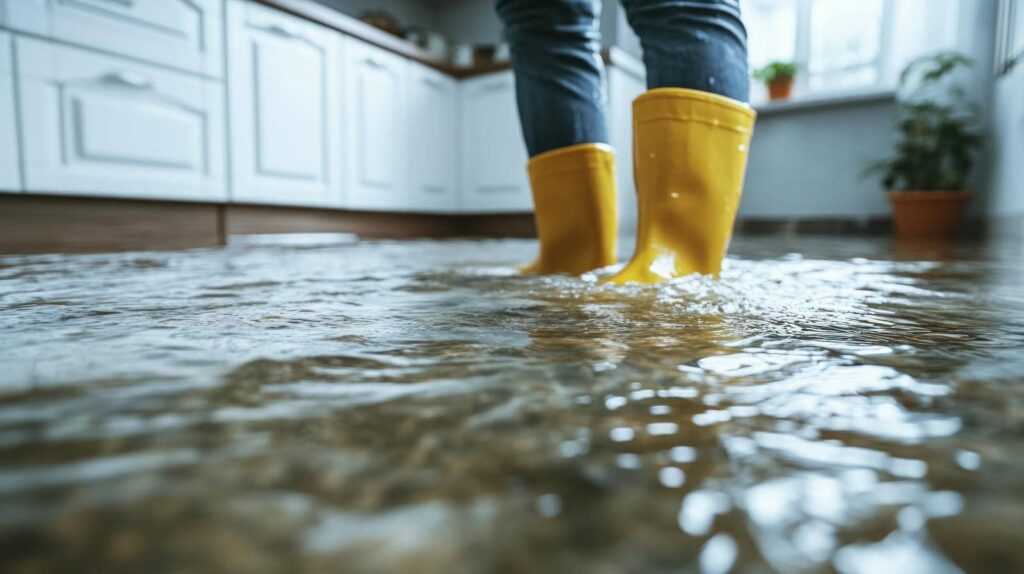 Person wearing yellow rain boots standing in a flooded kitchen with water covering the floor.