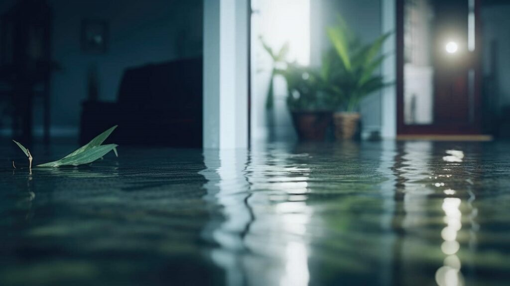 Flooded indoor floor with a floating leaf and potted plants in the background.