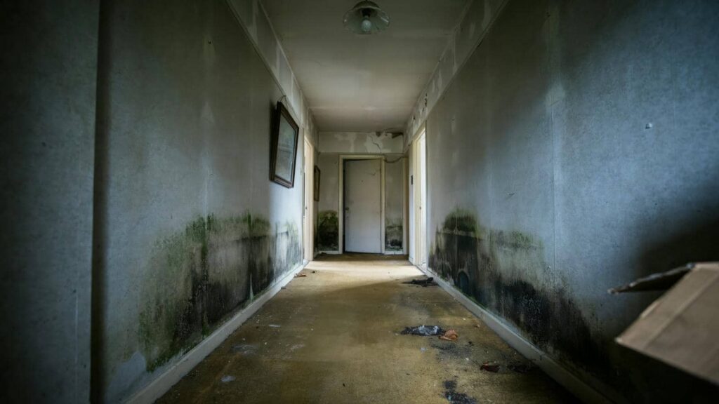 Long, narrow hallway with mold and water damage on walls and debris on the floor.
