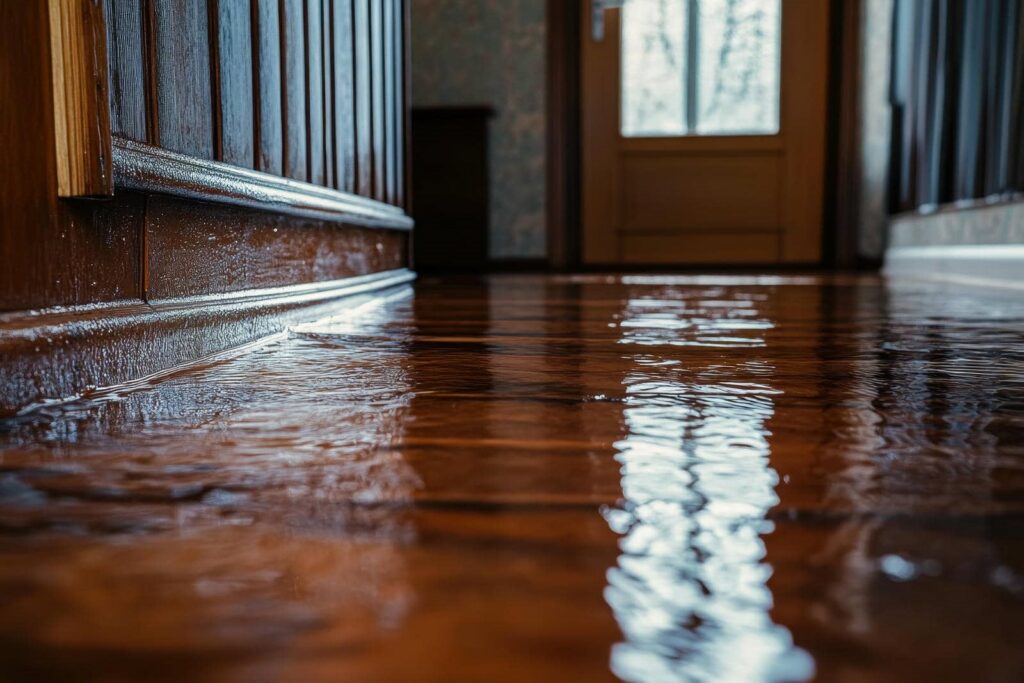Water flooding a wooden floor inside a house near a closed door.