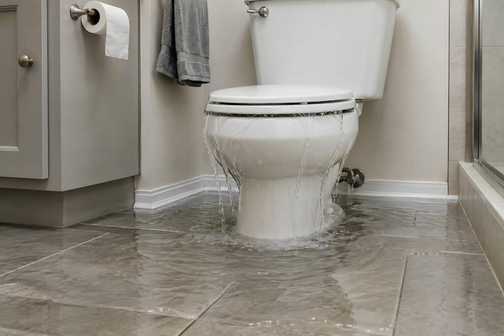 Toilet overflowing with water flooding the bathroom floor.