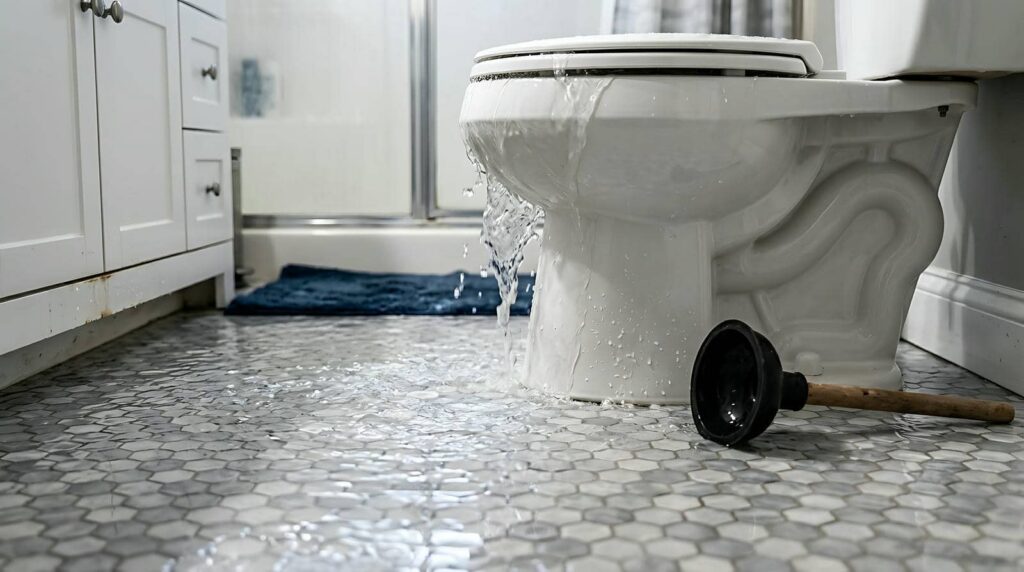 Water overflowing from a leaking toilet onto a bathroom floor with a plunger nearby.