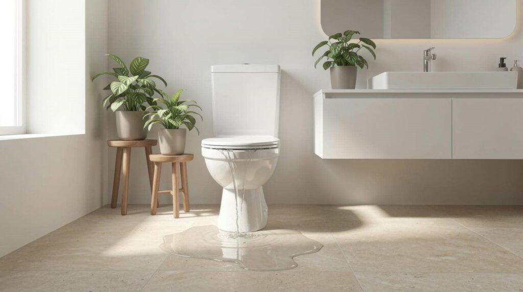 Toilet overflowing with water pooling on the bathroom floor next to potted plants and a sink.