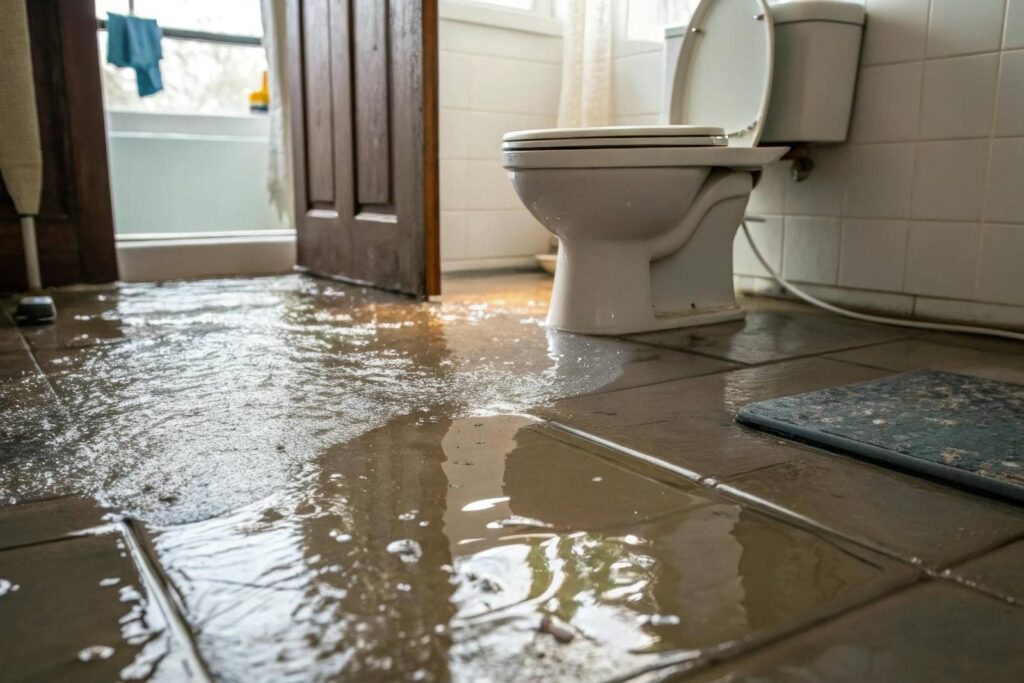 Water flooding the tiled floor of a bathroom near a toilet with an open door.