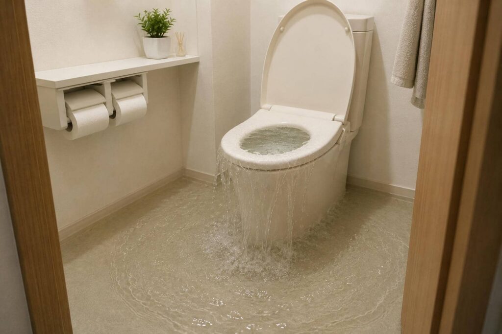 Toilet overflowing with water flooding the bathroom floor.