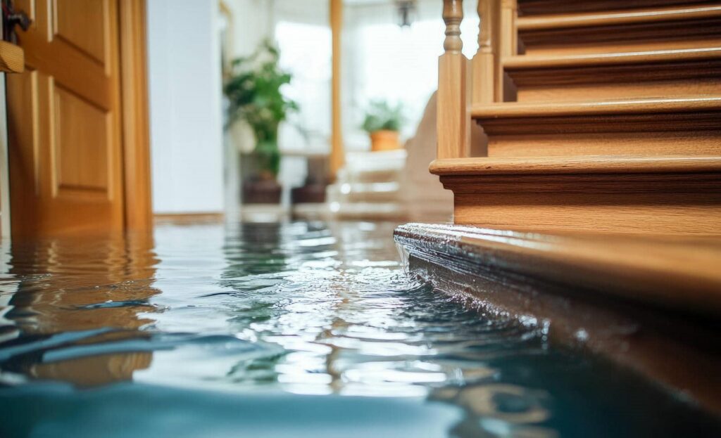 Water flooding inside a house near wooden stairs and a door.