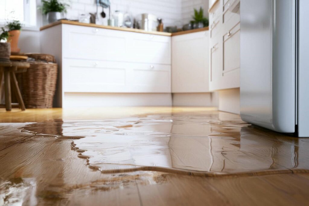 Water flooding a wooden kitchen floor near white cabinets and a refrigerator.