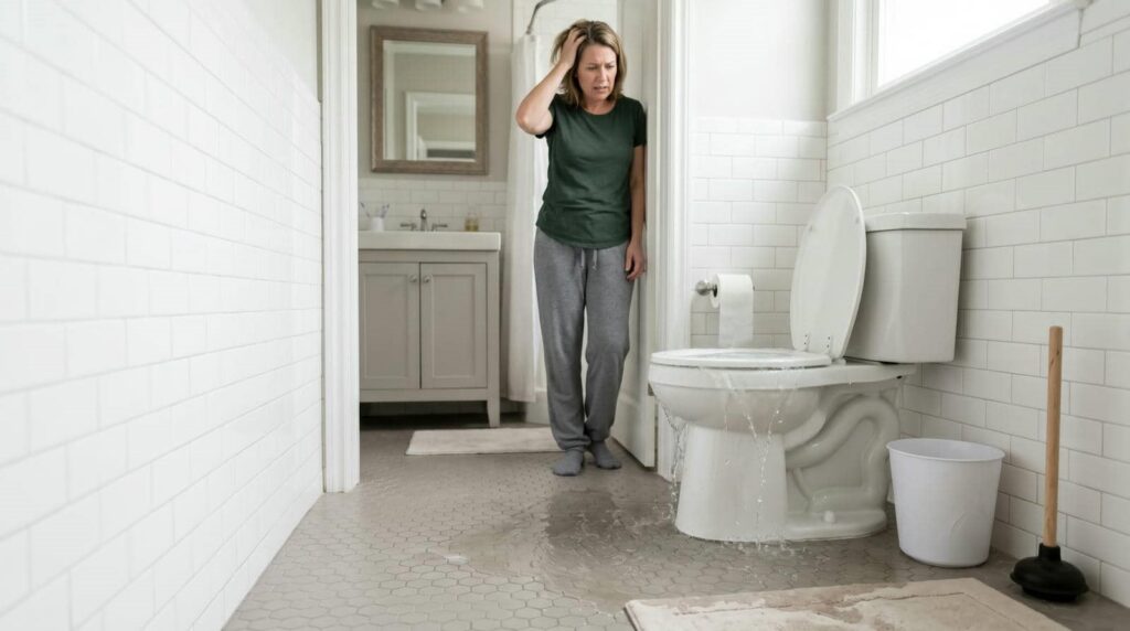 Woman looking distressed at a overflowing toilet flooding the bathroom floor.