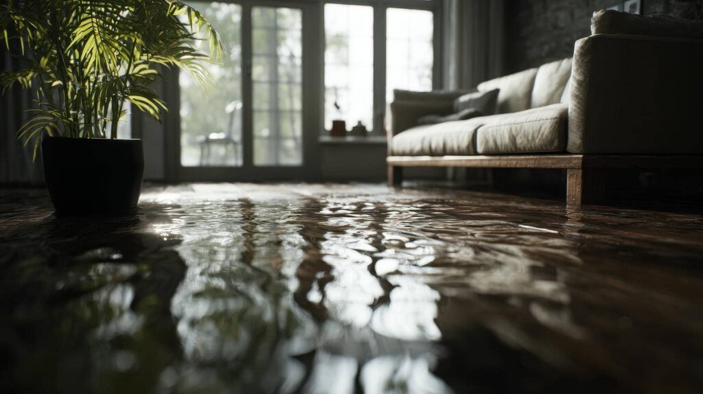 Living room floor flooded with water near a potted plant and sofa.