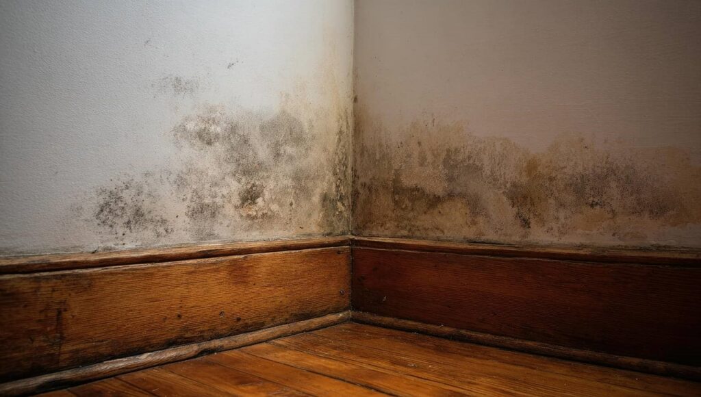 Mold and water damage on the lower corner of two walls above wooden baseboards and floor.