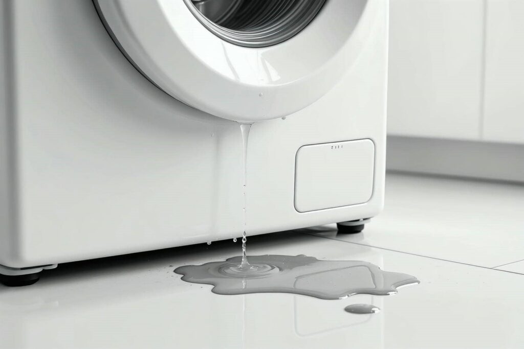 Water leaking from the bottom of a washing machine onto the floor.