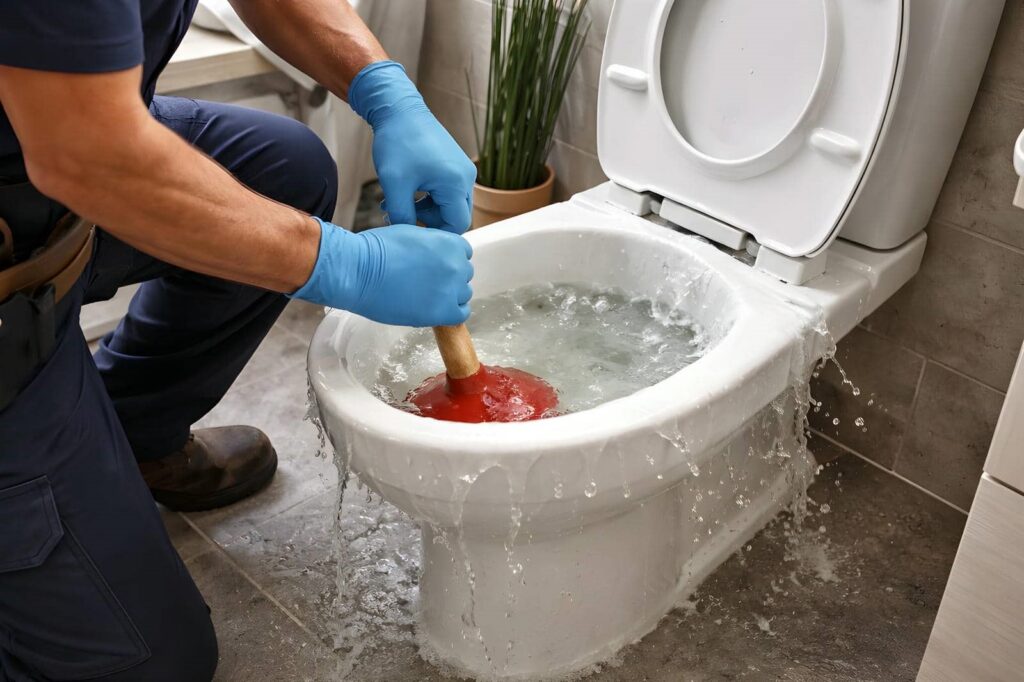 Person wearing blue gloves plunging an overflowing toilet with water spilling onto the floor.