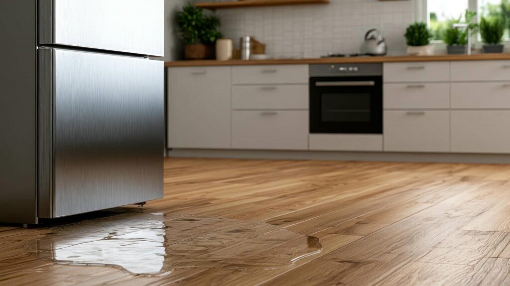 Water leaking and pooling on a wooden kitchen floor near a stainless steel refrigerator.