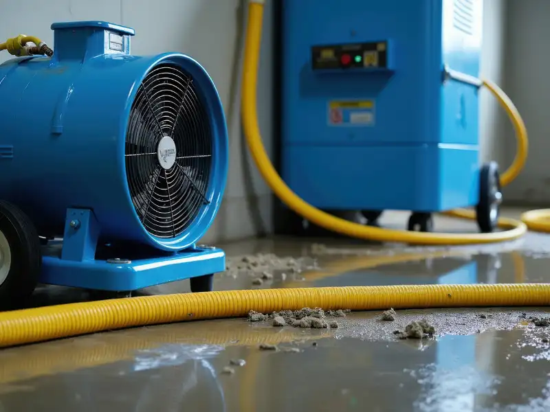 Blue industrial air mover and dehumidifier with yellow hoses on a wet floor.