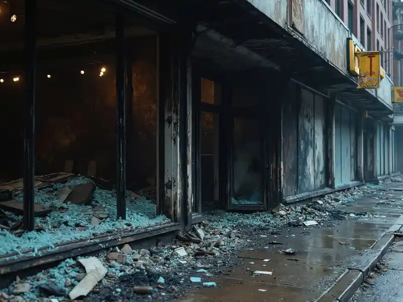 Burned and damaged storefront with debris and shattered glass on the sidewalk.