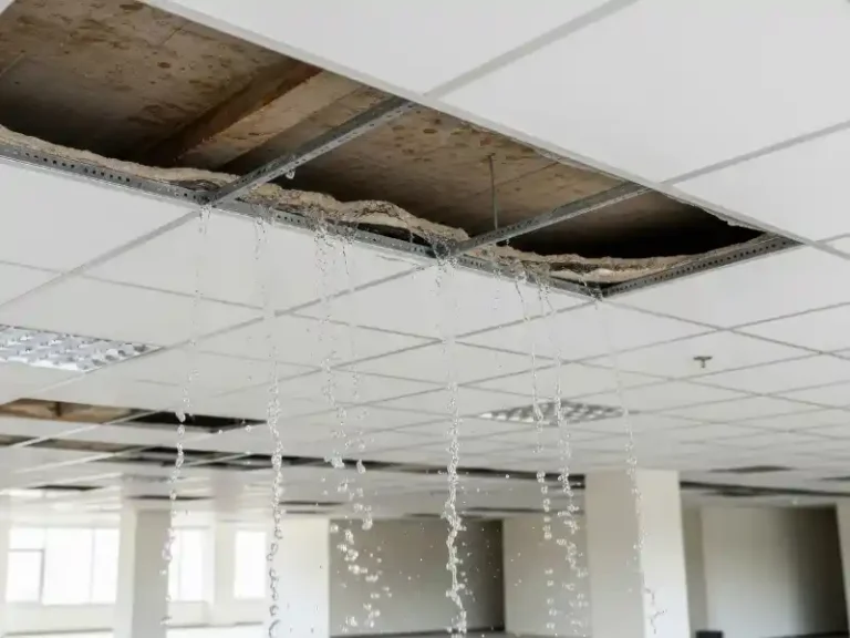 Water leaks through a damaged ceiling panel in an office space.