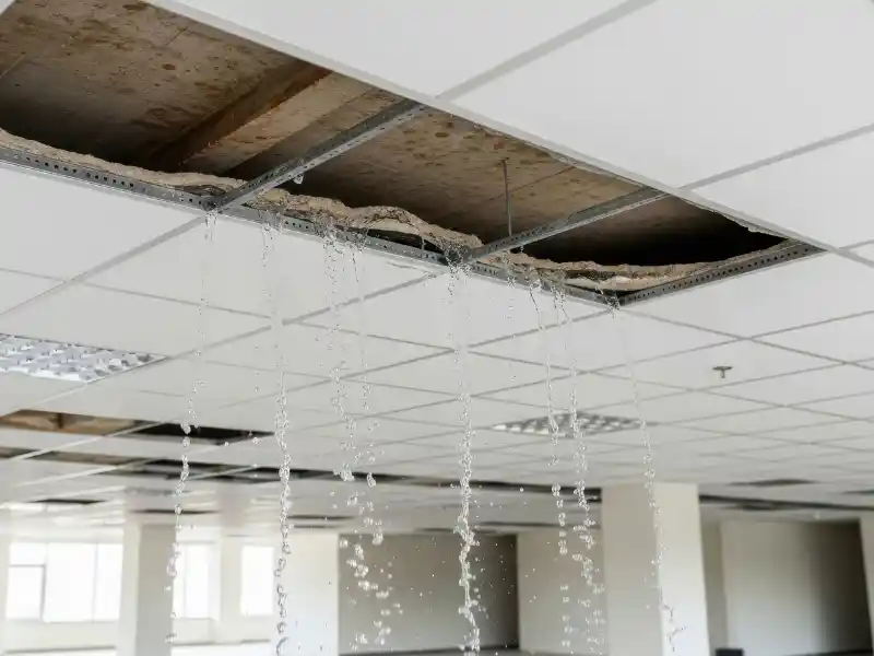 Water leaks through a damaged ceiling panel in an office space.