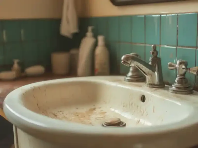 A dirty bathroom sink with stains and old faucets against a teal tiled wall.