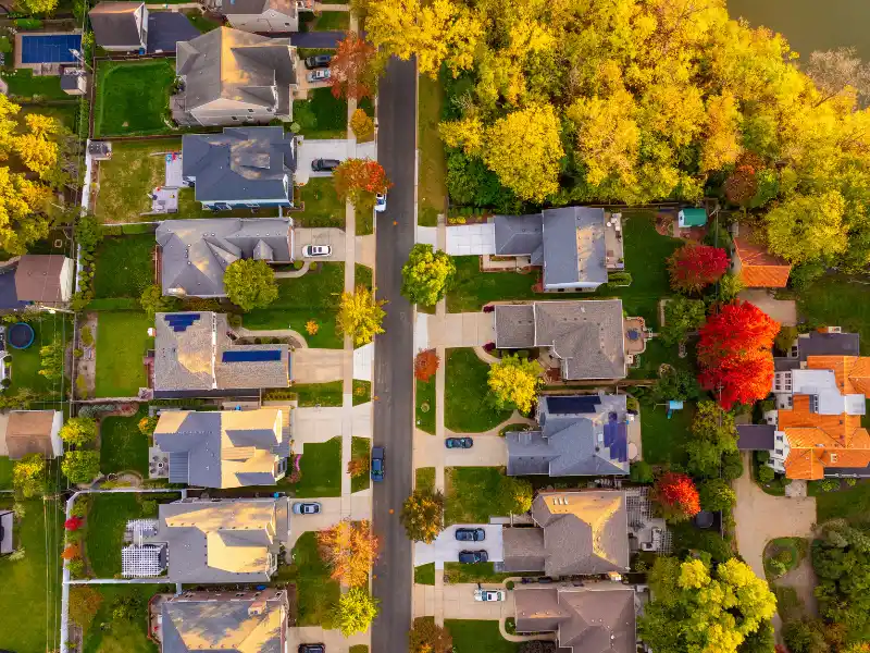 Aerial view of a suburban street lined with houses and autumn-colored trees.
