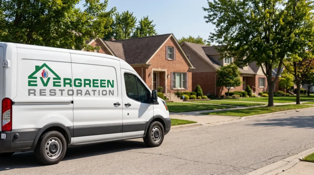 White Evergreen Restoration van parked on a suburban street with brick houses and trees.