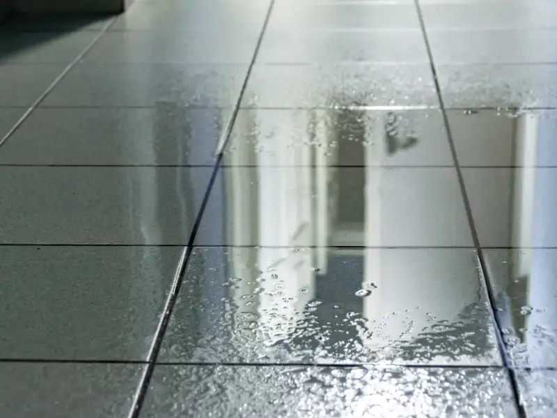 Water pooled on tiled floor reflecting a window and wall.