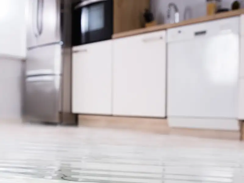 Water flooding a kitchen floor with white cabinets and stainless steel appliances.