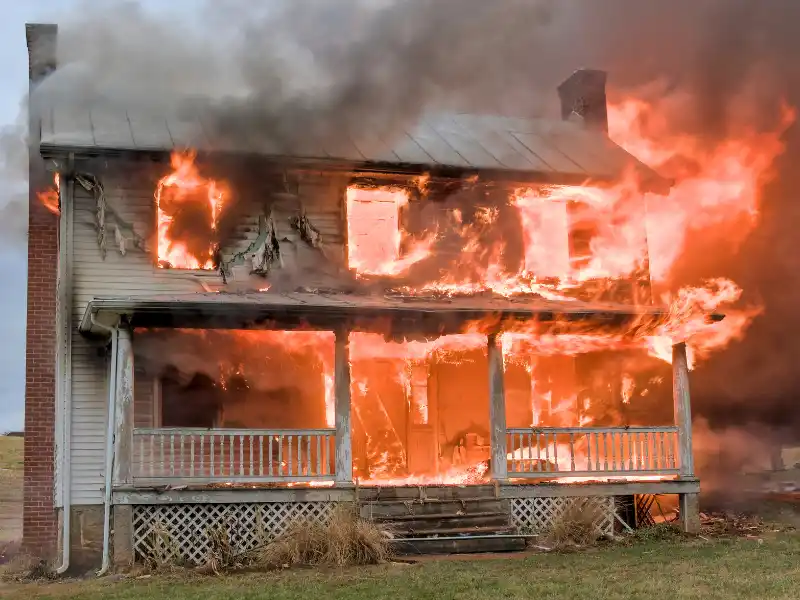 Two-story house engulfed in flames with thick black smoke rising.