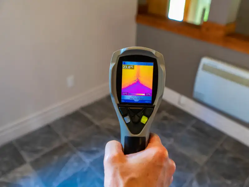 Hand holding a thermal imaging camera showing a heat map of a room corner.