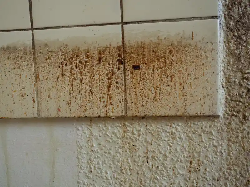 White tiled wall with brown rust stains and textured lower section showing similar discoloration.