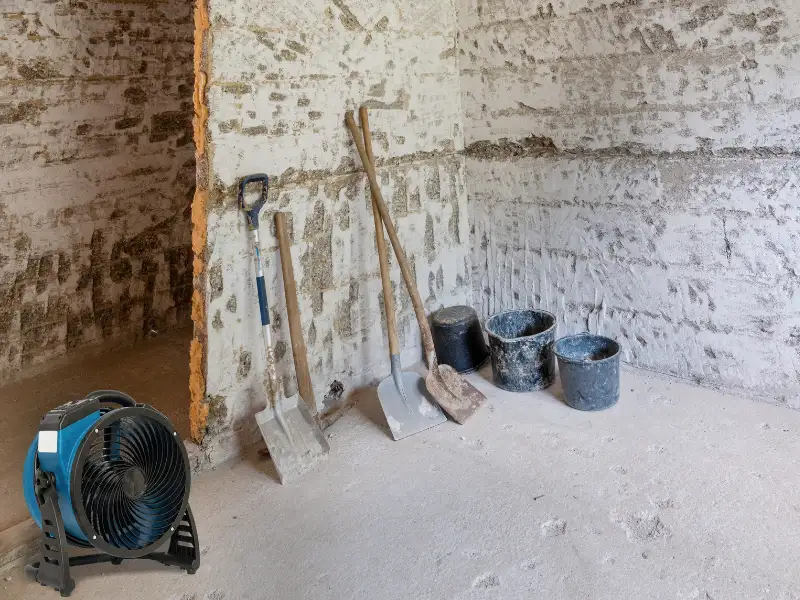 Construction tools including shovels and buckets arranged against a rough, unfinished wall.