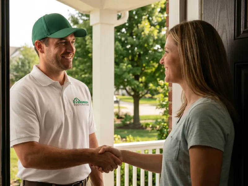A man in a green cap and white shirt shakes hands with a woman at a doorway.