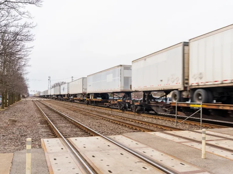 Long freight train carrying white cargo containers on railway tracks beside leafless trees.