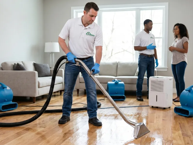 A man in gloves uses a carpet cleaner on a wet hardwood floor while another talks to a woman nearby.