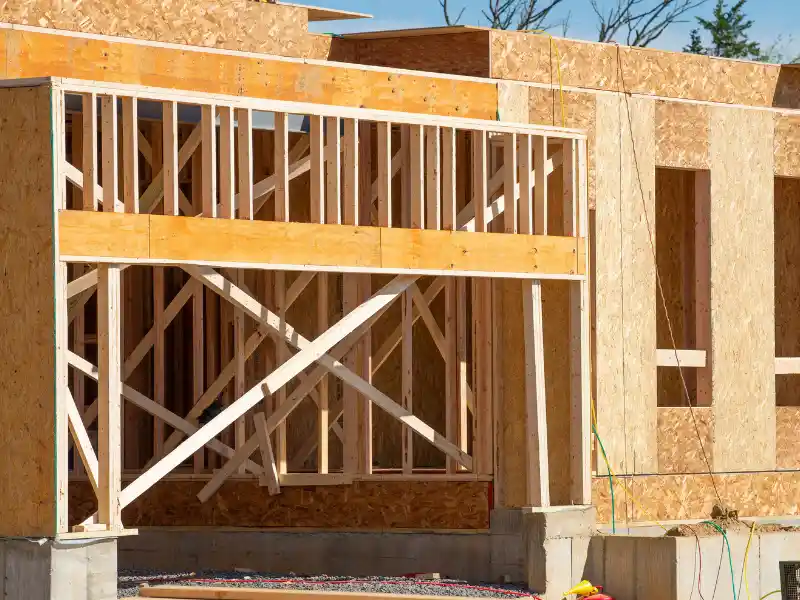 Wooden framing and plywood sheathing of a house under construction.