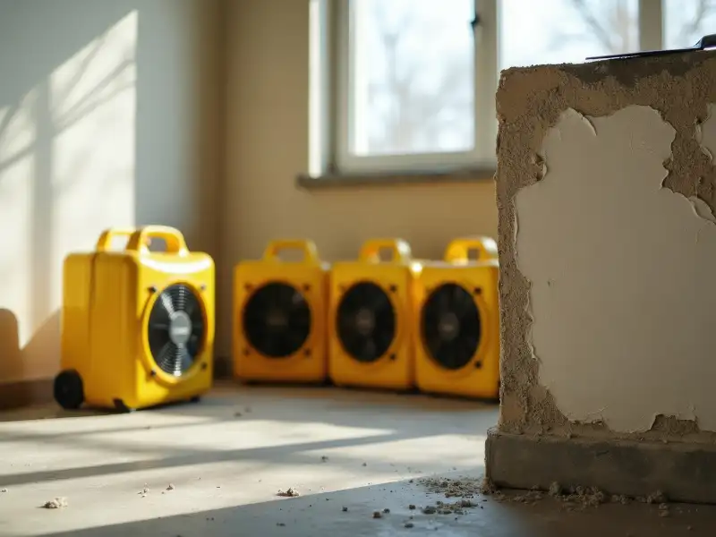 Four yellow portable air movers lined up on a floor near a damaged wall corner.